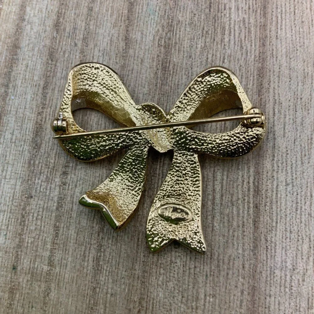 Napier Vintage Gold Silver Tone Ribbon Bow Brooch Pin